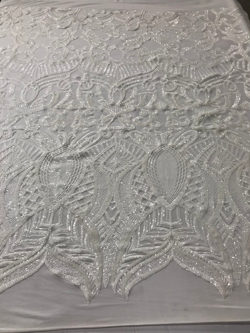 White - 4 Way Stretch Embroidered Royalty Sequins Design Fabric By Yard