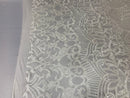 White - 4 Way Stretch Embroidered Royalty Sequins Design Fabric By Yard