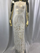 White - 4 Way Stretch Embroidered Royalty Sequins Design Fabric By Yard