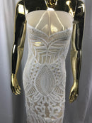 White - 4 Way Stretch Embroidered Royalty Sequins Design Fabric By Yard