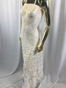 White - 4 Way Stretch Embroidered Royalty Sequins Design Fabric By Yard