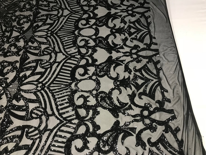 Black  - 4 Way Stretch Embroidered Royalty Sequins Fancy Design Fabric By Yard