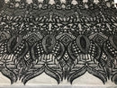 Black  - 4 Way Stretch Embroidered Royalty Sequins Fancy Design Fabric By Yard