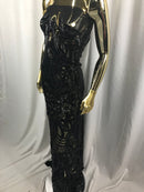 Black  - 4 Way Stretch Embroidered Royalty Sequins Fancy Design Fabric By Yard