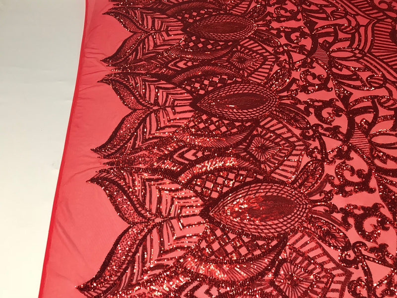 Red Sequin - 4 Way Stretch Embroidered Royalty Sequins Fancy Design Fabric By Yard