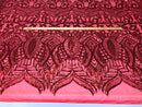 Red Sequin - 4 Way Stretch Embroidered Royalty Sequins Fancy Design Fabric By Yard