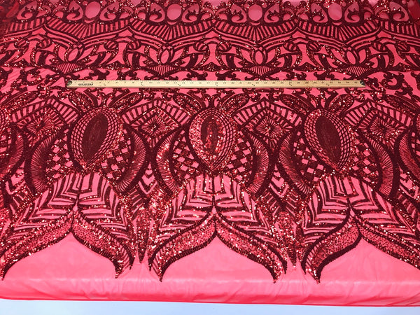 Red Sequin - 4 Way Stretch Embroidered Royalty Sequins Fancy Design Fabric By Yard