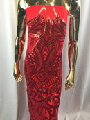 Red Sequin - 4 Way Stretch Embroidered Royalty Sequins Fancy Design Fabric By Yard