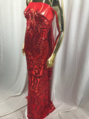 Red Sequin - 4 Way Stretch Embroidered Royalty Sequins Fancy Design Fabric By Yard