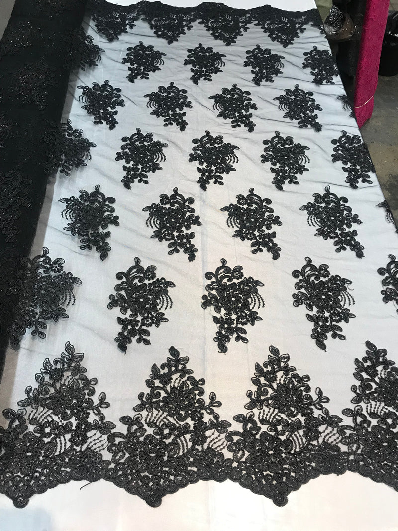 Flower Lace Fabric - Black - Floral Clusters Embroidered Lace Mesh Fabric Sold By The Yard