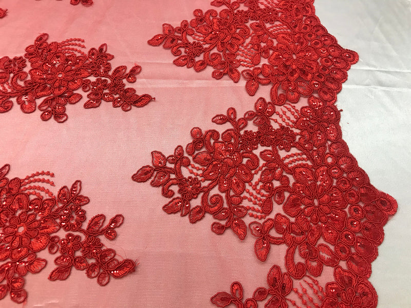 Flower Lace Fabric - Red - Floral Clusters Embroidered Lace Mesh Fabric Sold By The Yard