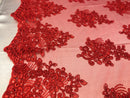 Flower Lace Fabric - Red - Floral Clusters Embroidered Lace Mesh Fabric Sold By The Yard