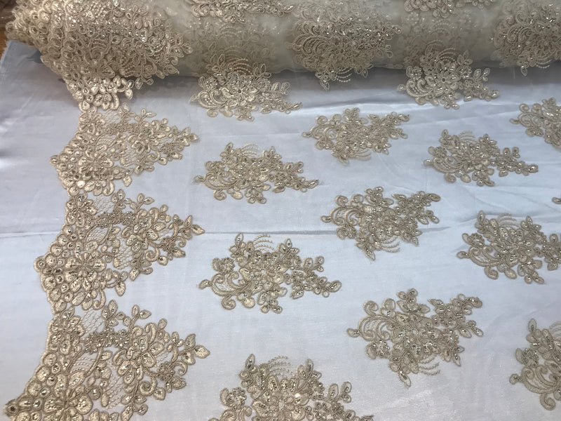 Flower Lace Fabric - Champagne - Floral Clusters Embroidered Lace Mesh Fabric Sold By The Yard