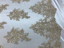 Flower Lace Fabric - Champagne - Floral Clusters Embroidered Lace Mesh Fabric Sold By The Yard
