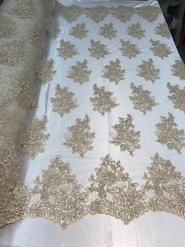 Flower Lace Fabric - Champagne - Floral Clusters Embroidered Lace Mesh Fabric Sold By The Yard