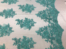 Flower Lace Fabric - Mint - Floral Clusters Embroidered Lace Mesh Fabric Sold By The Yard