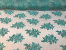 Flower Lace Fabric - Mint - Floral Clusters Embroidered Lace Mesh Fabric Sold By The Yard