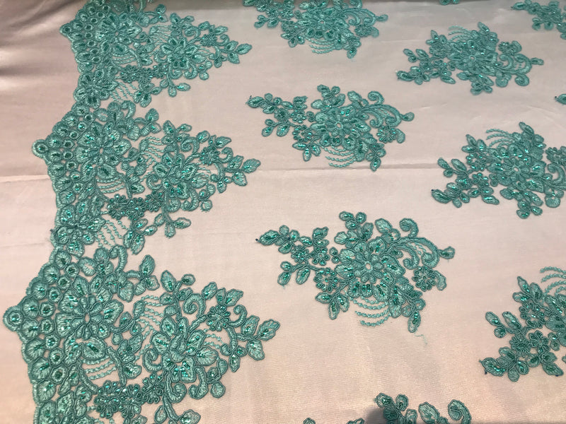 Flower Lace Fabric - Mint - Floral Clusters Embroidered Lace Mesh Fabric Sold By The Yard