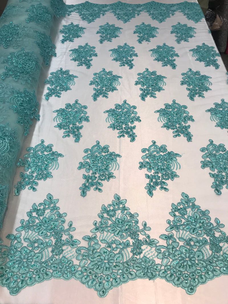 Flower Lace Fabric - Mint - Floral Clusters Embroidered Lace Mesh Fabric Sold By The Yard
