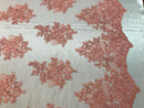 Flower Lace Fabric - Coral - Floral Clusters Embroidered Lace Mesh Fabric Sold By The Yard