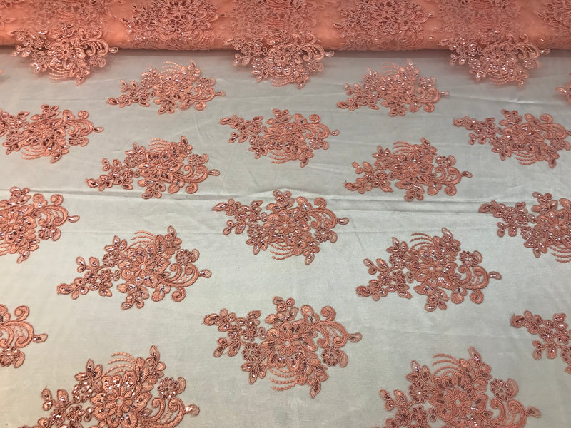 Flower Lace Fabric - Coral - Floral Clusters Embroidered Lace Mesh Fabric Sold By The Yard