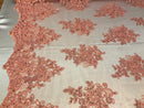 Flower Lace Fabric - Coral - Floral Clusters Embroidered Lace Mesh Fabric Sold By The Yard