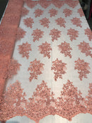 Flower Lace Fabric - Coral - Floral Clusters Embroidered Lace Mesh Fabric Sold By The Yard