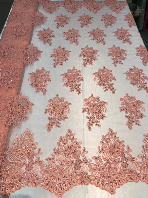 Flower Lace Fabric - Coral - Floral Clusters Embroidered Lace Mesh Fabric Sold By The Yard