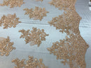 Flower Lace Fabric - Peach - Floral Clusters Embroidered Lace Mesh Fabric Sold By The Yard
