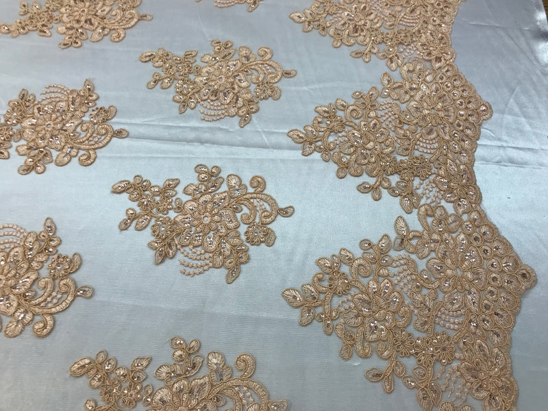 Flower Lace Fabric - Peach - Floral Clusters Embroidered Lace Mesh Fabric Sold By The Yard