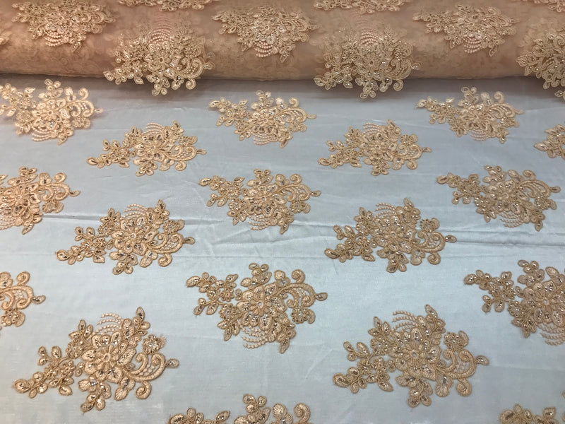 Flower Lace Fabric - Peach - Floral Clusters Embroidered Lace Mesh Fabric Sold By The Yard