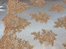 Flower Lace Fabric - Peach - Floral Clusters Embroidered Lace Mesh Fabric Sold By The Yard