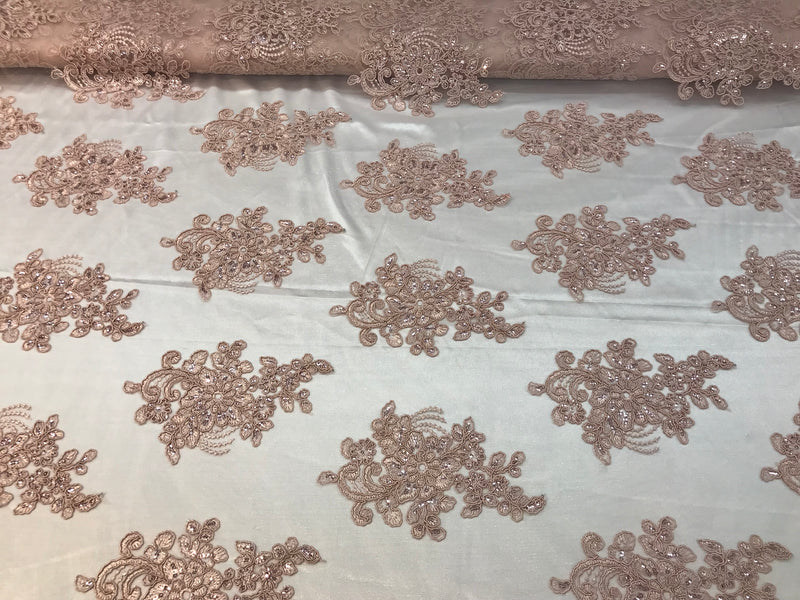 Flower Lace Fabric - Blush - Floral Clusters Embroidered Lace Mesh Fabric Sold By The Yard