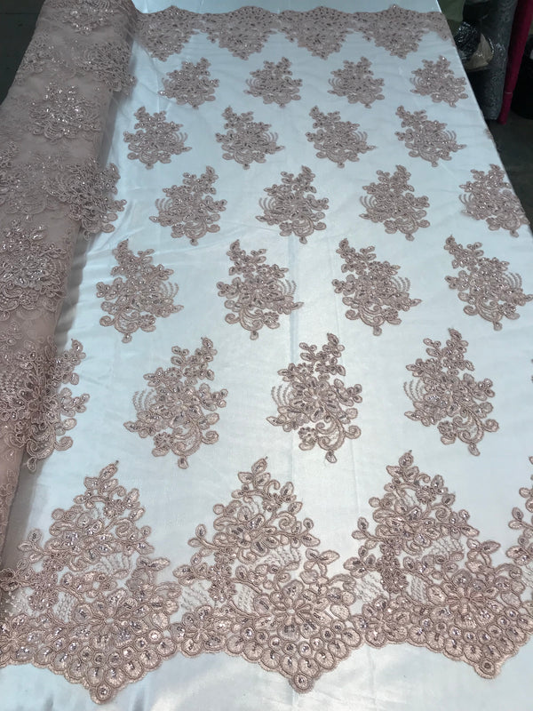 Flower Lace Fabric - Blush - Floral Clusters Embroidered Lace Mesh Fabric Sold By The Yard