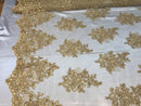 Flower Lace Fabric - Gold - Floral Clusters Embroidered Lace Mesh Fabric Sold By The Yard