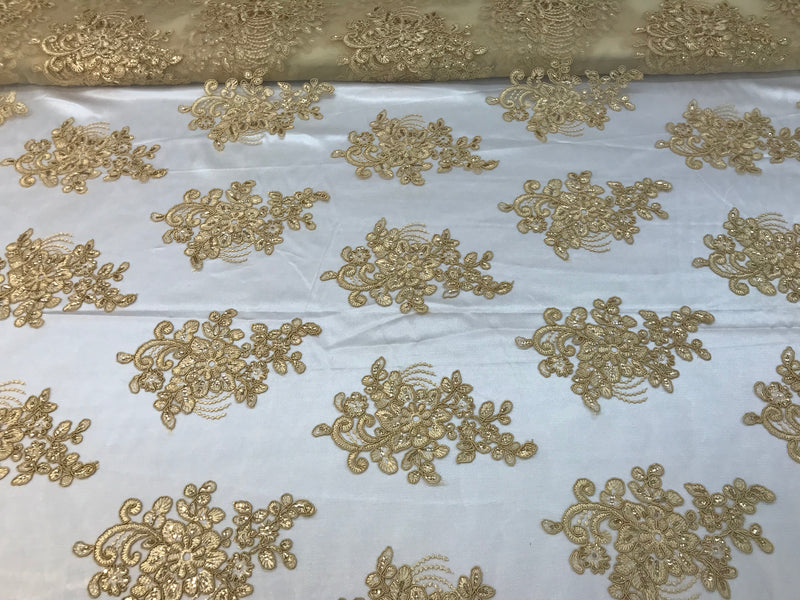 Flower Lace Fabric - Gold - Floral Clusters Embroidered Lace Mesh Fabric Sold By The Yard