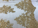 Flower Lace Fabric - Gold - Floral Clusters Embroidered Lace Mesh Fabric Sold By The Yard