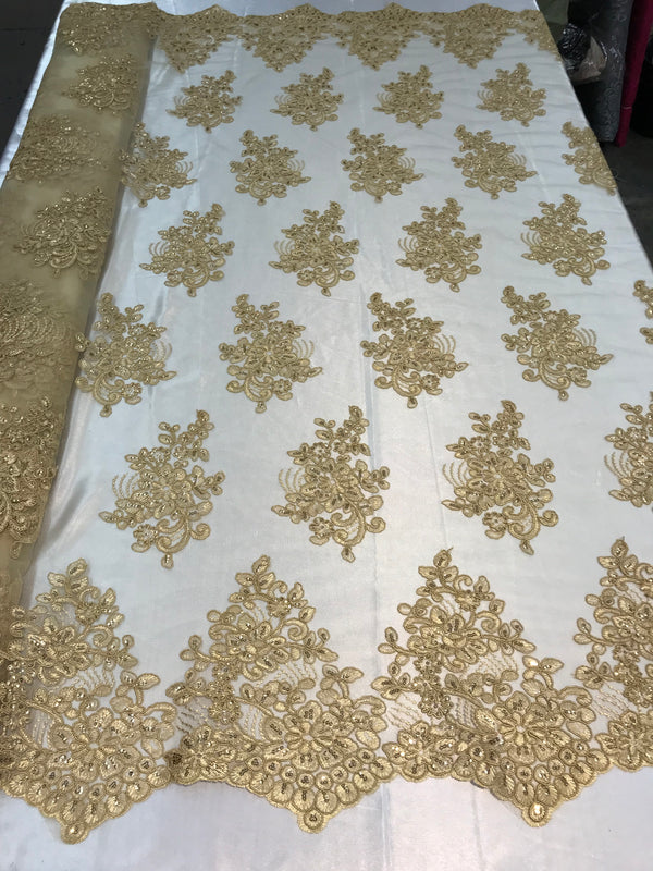 Flower Lace Fabric - Gold - Floral Clusters Embroidered Lace Mesh Fabric Sold By The Yard