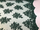 Flower Lace Fabric - Hunter Green - Floral Clusters Embroidered Lace Mesh Fabric Sold By The Yard