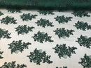 Flower Lace Fabric - Hunter Green - Floral Clusters Embroidered Lace Mesh Fabric Sold By The Yard