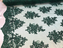 Flower Lace Fabric - Hunter Green - Floral Clusters Embroidered Lace Mesh Fabric Sold By The Yard