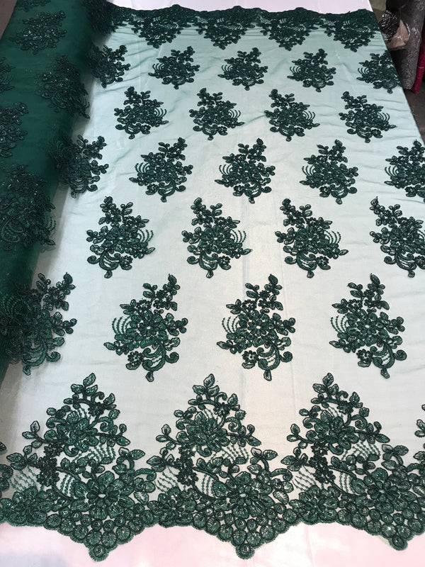 Flower Lace Fabric - Hunter Green - Floral Clusters Embroidered Lace Mesh Fabric Sold By The Yard