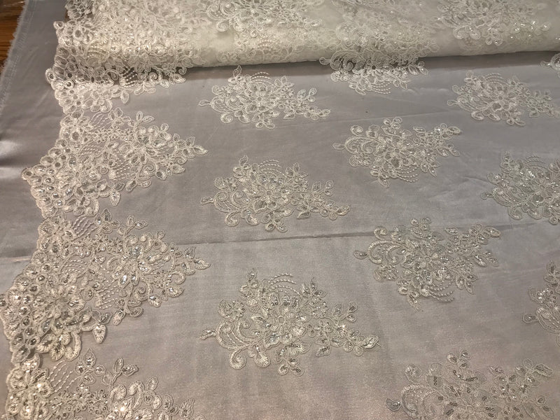 Flower Lace Fabric - Ivory - Floral Clusters Embroidered Lace Mesh Fabric Sold By The Yard