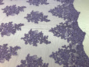Flower Lace Fabric - Lilac - Floral Clusters Embroidered Lace Mesh Fabric Sold By The Yard
