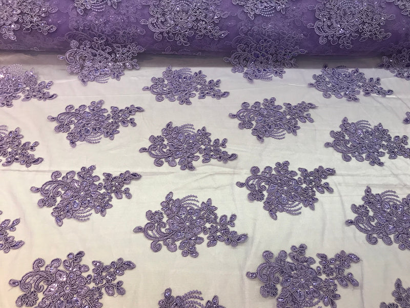 Flower Lace Fabric - Lilac - Floral Clusters Embroidered Lace Mesh Fabric Sold By The Yard