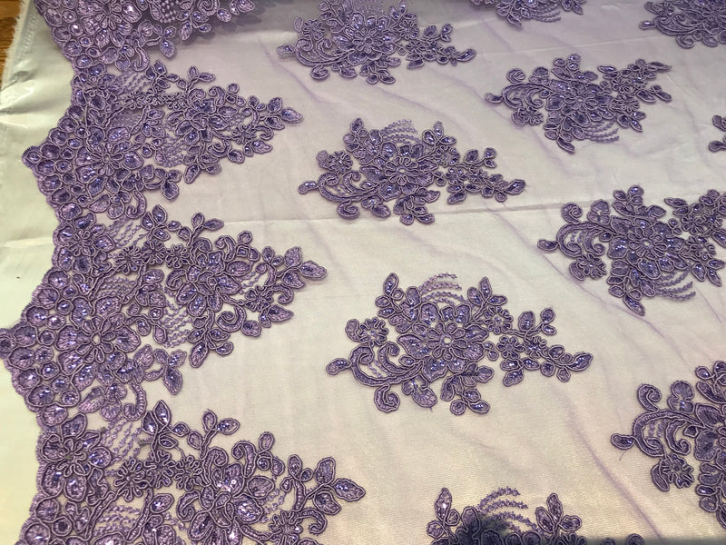 Flower Lace Fabric - Lilac - Floral Clusters Embroidered Lace Mesh Fabric Sold By The Yard