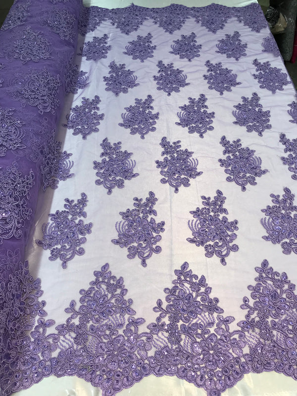 Flower Lace Fabric - Lilac - Floral Clusters Embroidered Lace Mesh Fabric Sold By The Yard