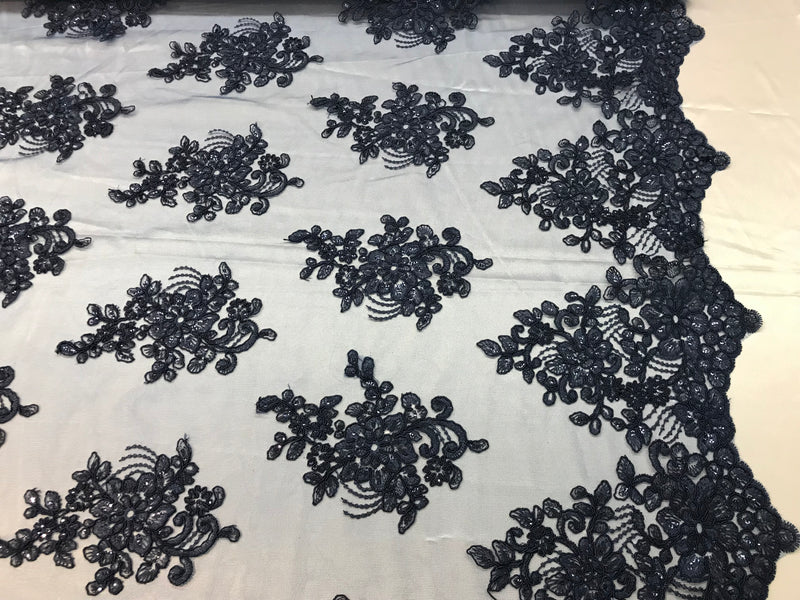 Flower Lace Fabric - Navy - Floral Clusters Embroidered Lace Mesh Fabric Sold By The Yard