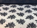 Flower Lace Fabric - Navy - Floral Clusters Embroidered Lace Mesh Fabric Sold By The Yard