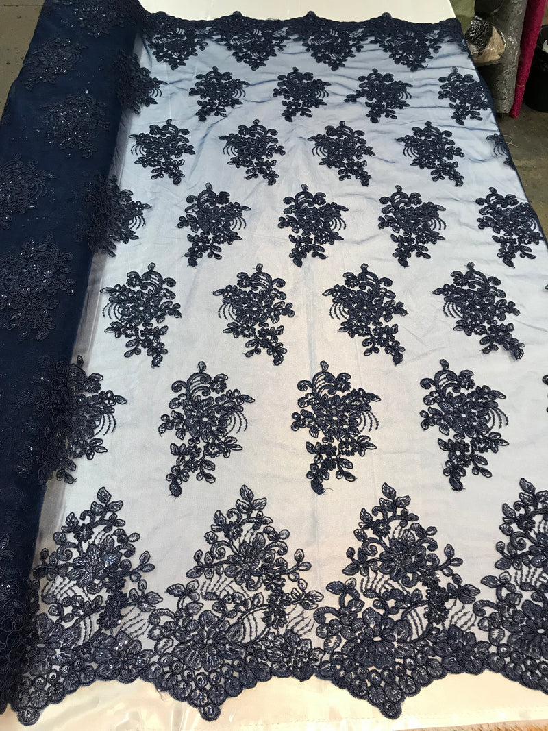 Flower Lace Fabric - Navy - Floral Clusters Embroidered Lace Mesh Fabric Sold By The Yard